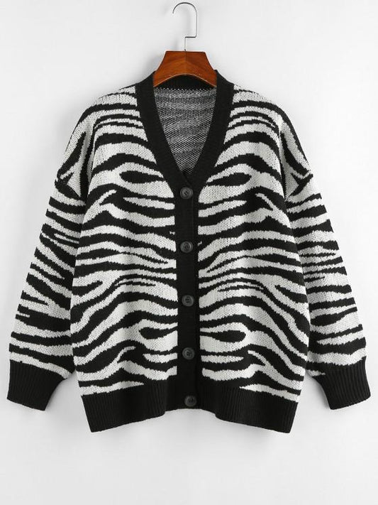 Zebra Print Drop Shoulder Loose Cardigan for Women