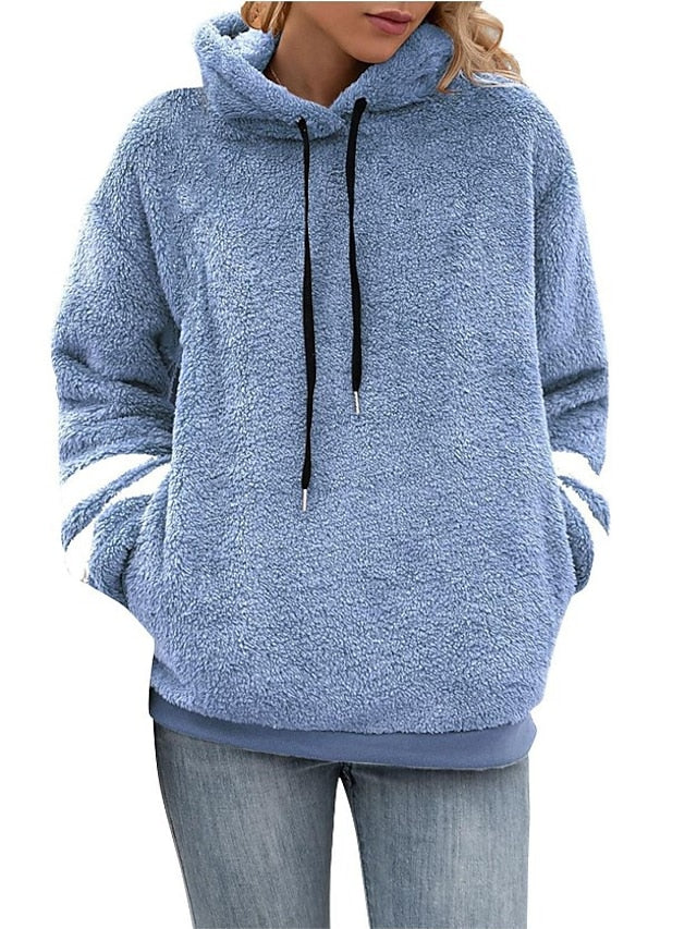 Pullover Hoodie Sweatshirt Pullover Active Streetwear Sherpa Fleece Front Pocket Black Wine Blue Plain Daily Hooded Long Sleeve Fleece for Women