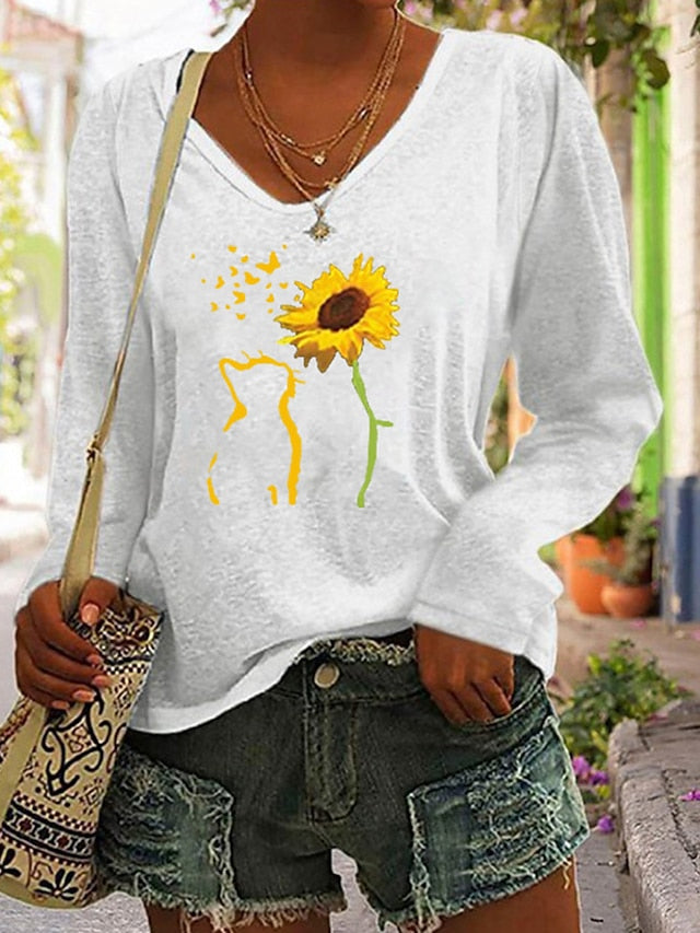 Women's T shirt Tee Black White Blue Cat Sunflower Print Long Sleeve Sports Weekend Basic V Neck Regular Cotton Floral Cat Painting S - LuckyFash™