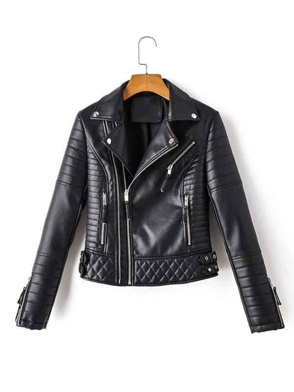 Zip Detail Lapel Neck PU Moto Jacket - LuckyFash™