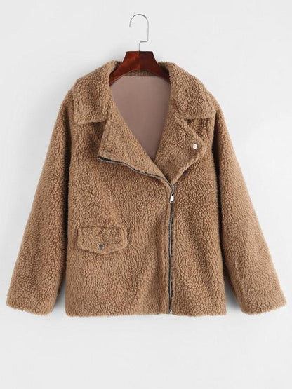 Zip Up Flap Pocket Teddy Coat for Women