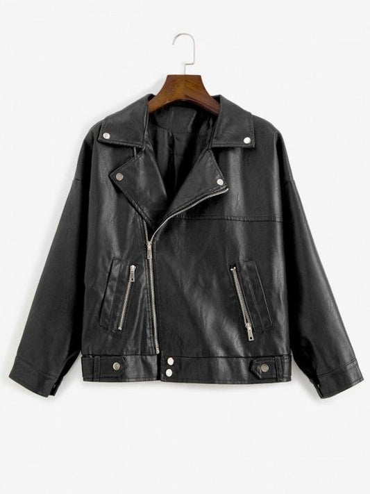 Zip Up Pockets Faux Leather Biker Jacket for Women