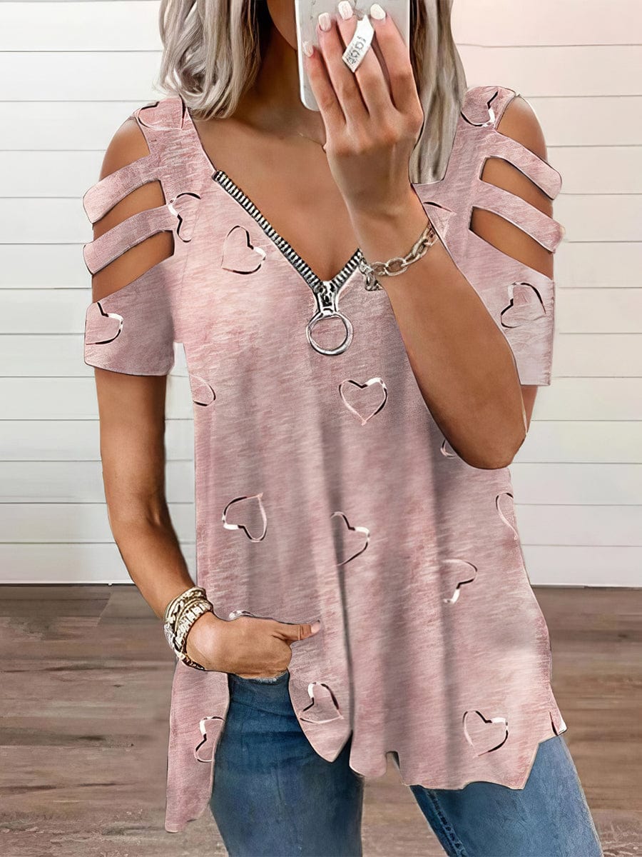 Zipper Print Loose Casual V Neck Short Sleeve T-Shirt