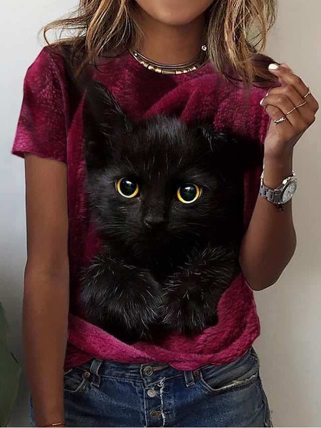 Women's T shirt Tee Cat 3D Custom Print Red Blue Print Short Sleeve Daily Weekend Basic Round Neck Regular Fit