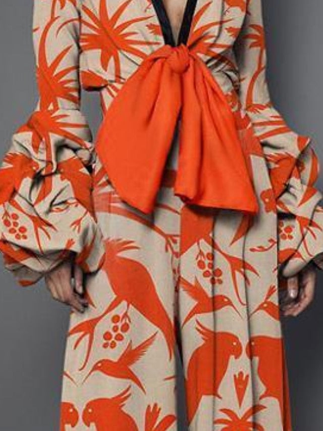 Women's Jumpsuit Bow Print Print V Neck Elegant Party Street Wide Leg Slim Long Sleeve Poet Sleeve Orange S M L Fall / Mini / Deep V / Loose - LuckyFash™