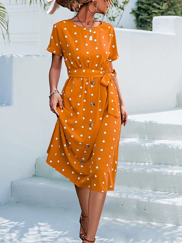 Women's Casual Dress Summer Dress PolkaÂ DotÂ Dress Polka Dot Lace up Print Crew Neck Midi Dress Fashion Streetwear Outdoor Date Short Sleeve Regular Fit Black Yellow Pink Summer Spring S M L XL - LuckyFash™