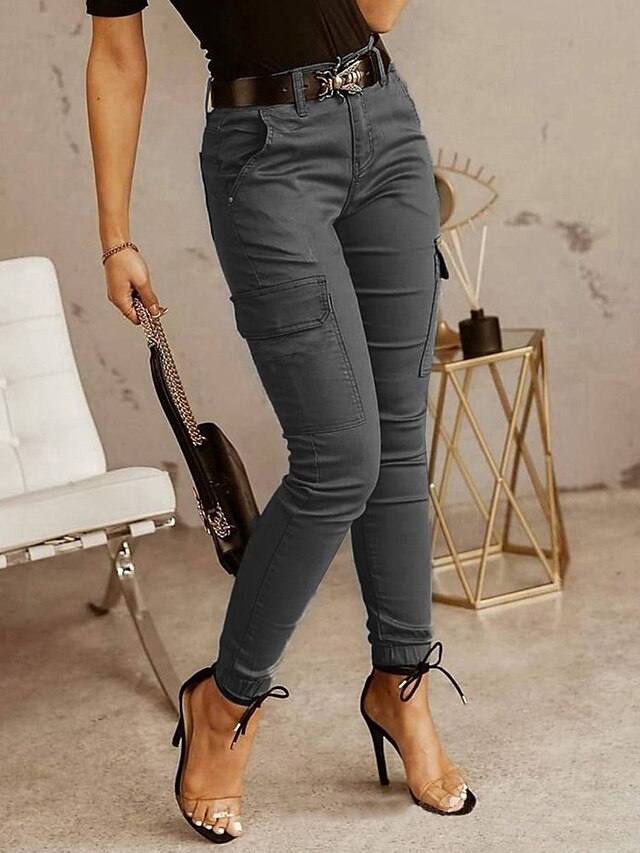 Women's Cargo Pants Basic Casual / Sporty Tactical Trousers Side Pockets Patchwork Full Length Pants Business Micro-elastic Plain Cotton Comfort Mid Waist Slim Green Black Gray S M L XL XXL - LuckyFash™