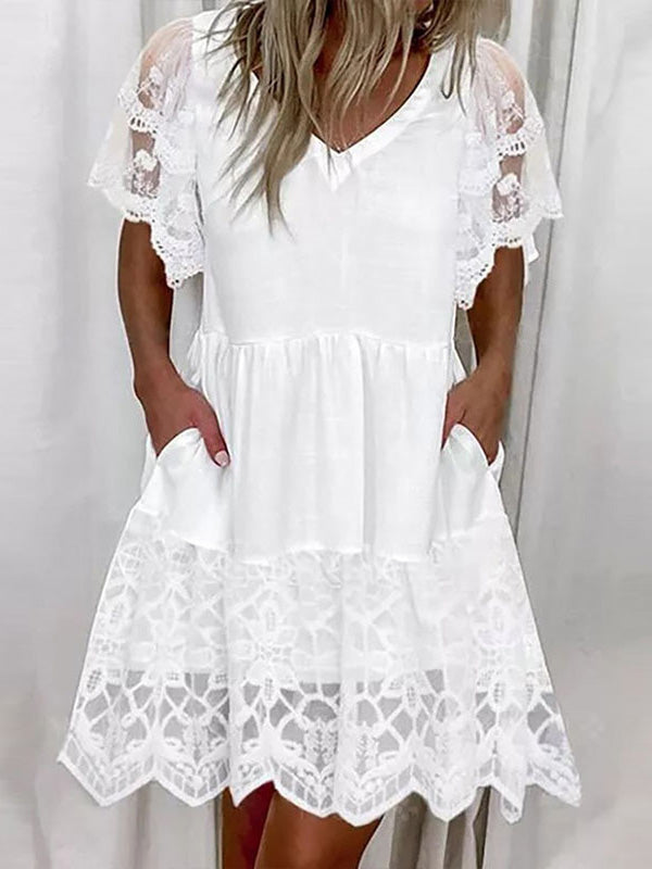 Women's Dresses Lace Pocket V-Neck Short Sleeve Dress