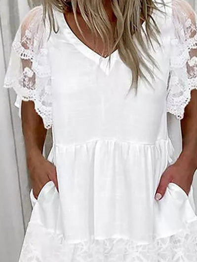 Women's Dresses Lace Pocket V-Neck Short Sleeve Dress