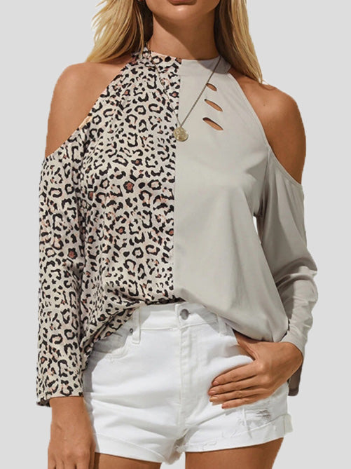 Women's T-Shirts Leopard Stitching Strapless Long Sleeve T-Shirts