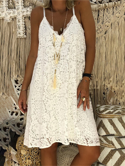 Loose Sleeveless V-neck Suspender Lace Dress