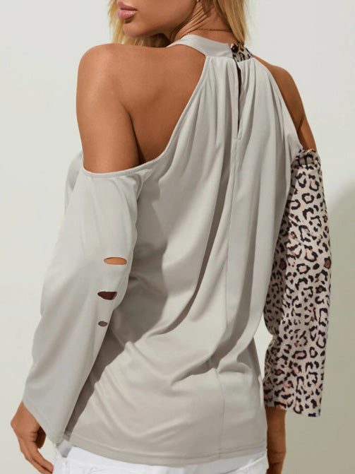 Women's T-Shirts Leopard Stitching Strapless Long Sleeve T-Shirts