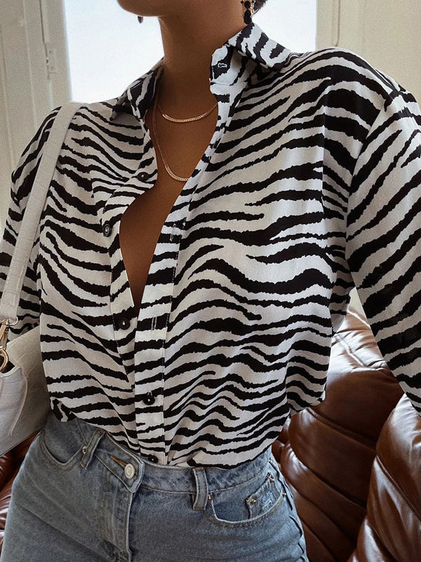 Wave Striped Print Lapel Cardigan Single-breasted Long-sleeved Shirt