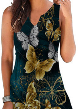 Elegant Floral Print V-neck Sleeveless Dress