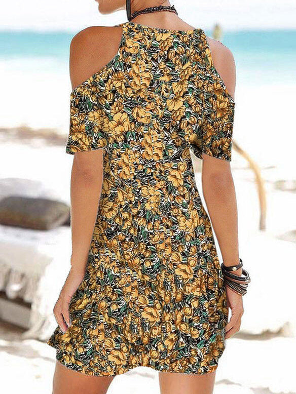 Casual Printed Suspender V-neck Ripped Sleeve Dress