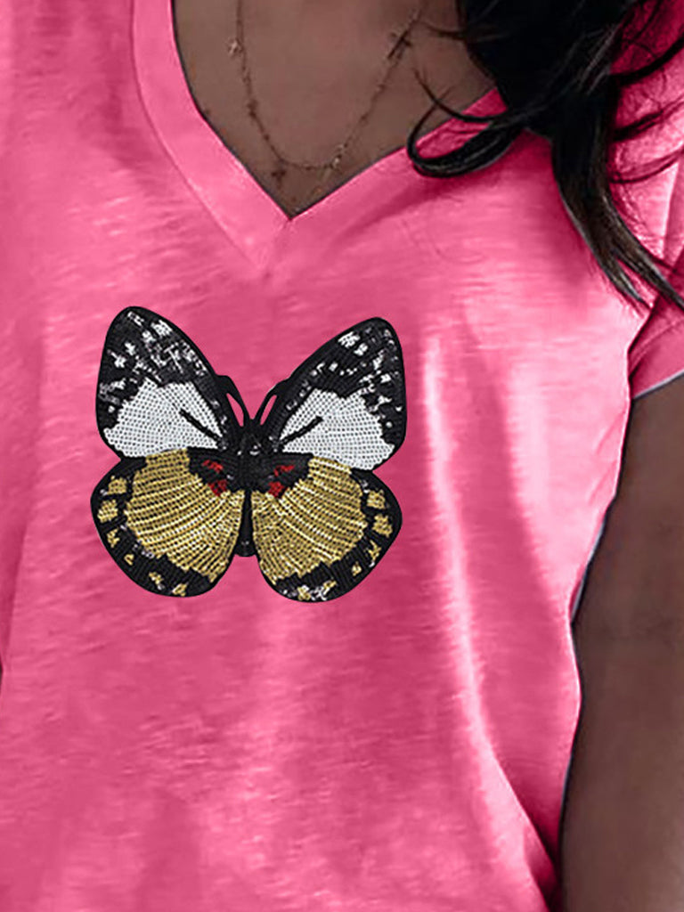 Casual Butterfly Sequin Sewing V Neck T-shirt