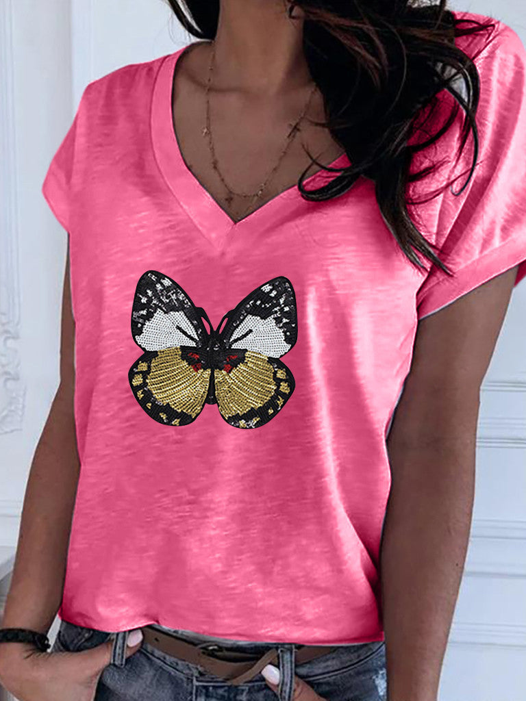 Casual Butterfly Sequin Sewing V Neck T-shirt