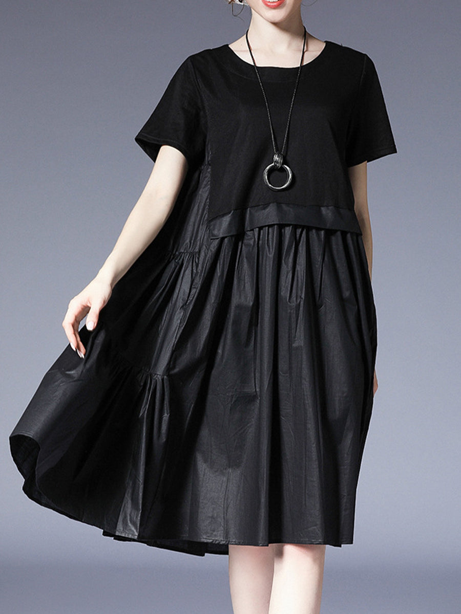 Plus Midi Dresses - Size Curve Dresses Loose Plus Size Round Neck Short Sleeve Stitching Midi Dress - MsDressly