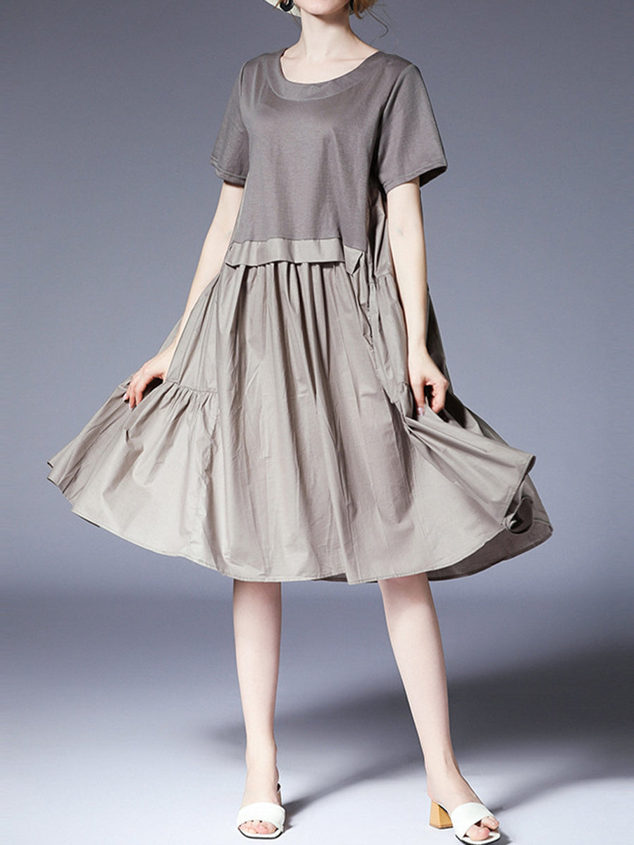 Plus Midi Dresses - Size Curve Dresses Loose Plus Size Round Neck Short Sleeve Stitching Midi Dress - MsDressly