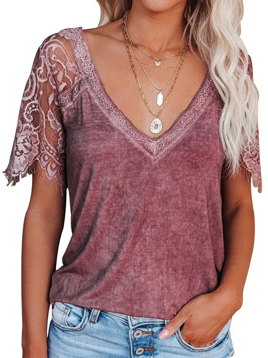 Solid Color V-neck Lace Short Sleeve T-shirt