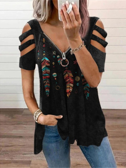 Casual Print V Neck Off Shoulder Loose T-shirt