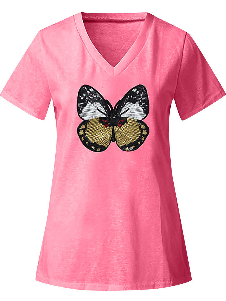 Casual Butterfly Sequin Sewing V Neck T-shirt