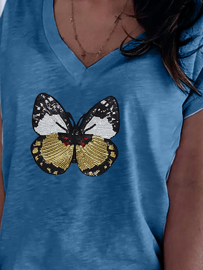 Casual Butterfly Sequin Sewing V Neck T-shirt