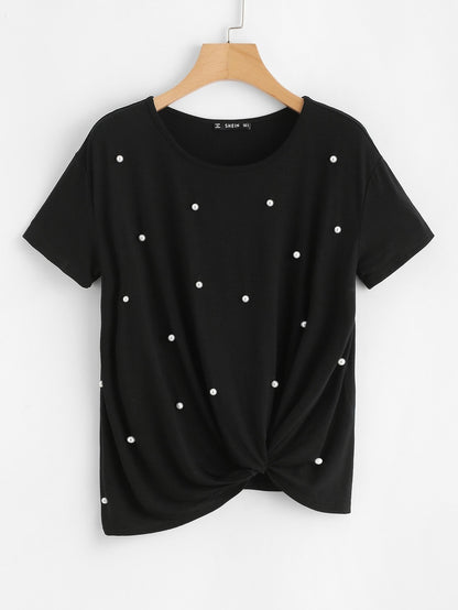 Pearl Embellished Twist Front Tee