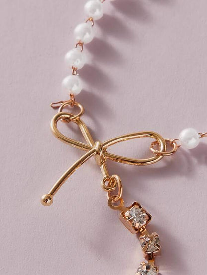1pc Faux Pearl & Bow Decor Y Lariat Necklace