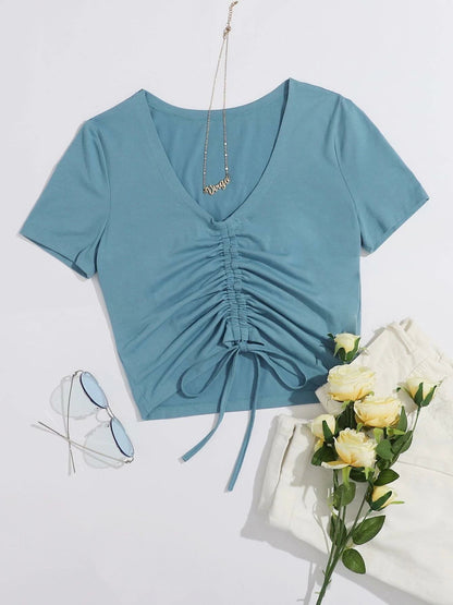 Drawstring Ruched Solid Crop Tee