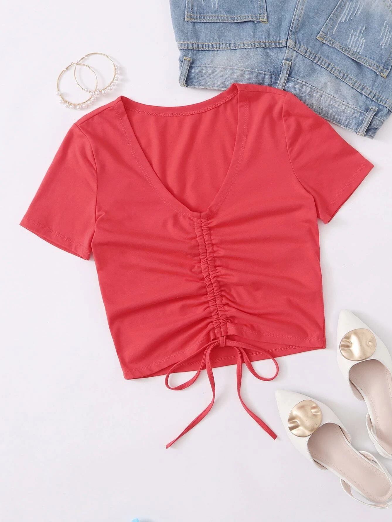 Drawstring Ruched Solid Crop Tee
