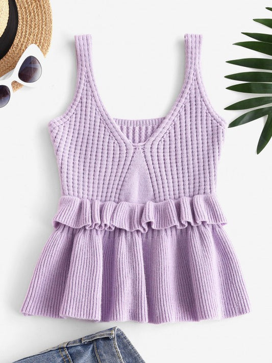 Ruffles V Neck Knitted Tank Top