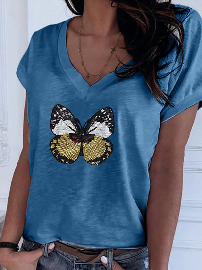 Casual Butterfly Sequin Sewing V Neck T-shirt