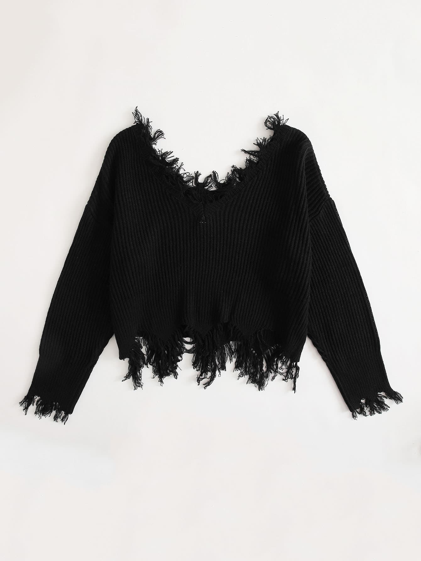 Drop Shoulder Distressed Trim Sweater