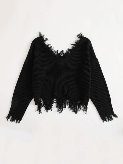 Drop Shoulder Distressed Trim Sweater