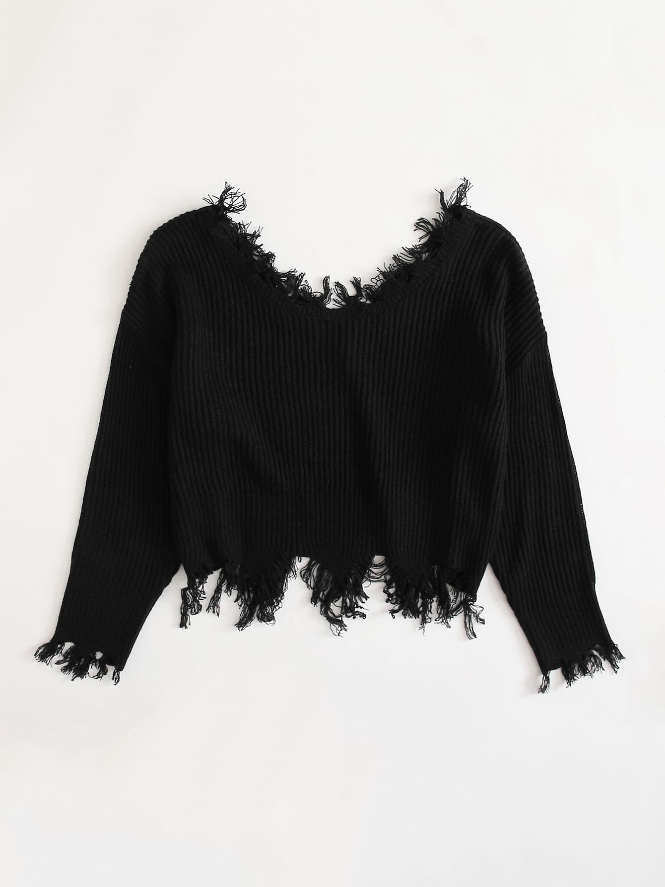 Drop Shoulder Distressed Trim Sweater