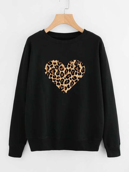 Leopard Heart Print Drop Shoulder Sweatshirt
