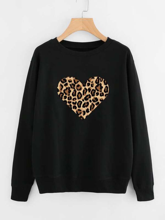 Leopard Heart Print Drop Shoulder Sweatshirt