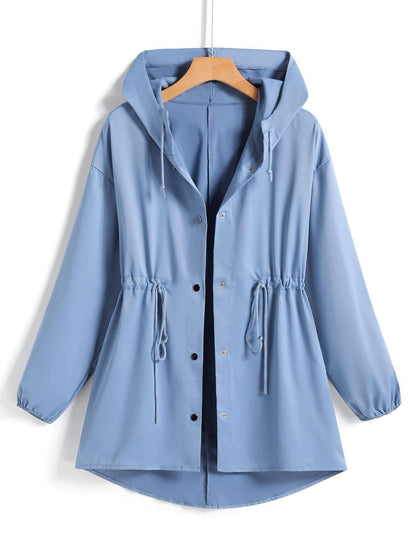 Drawstring Waist Button Up Hooded Coat