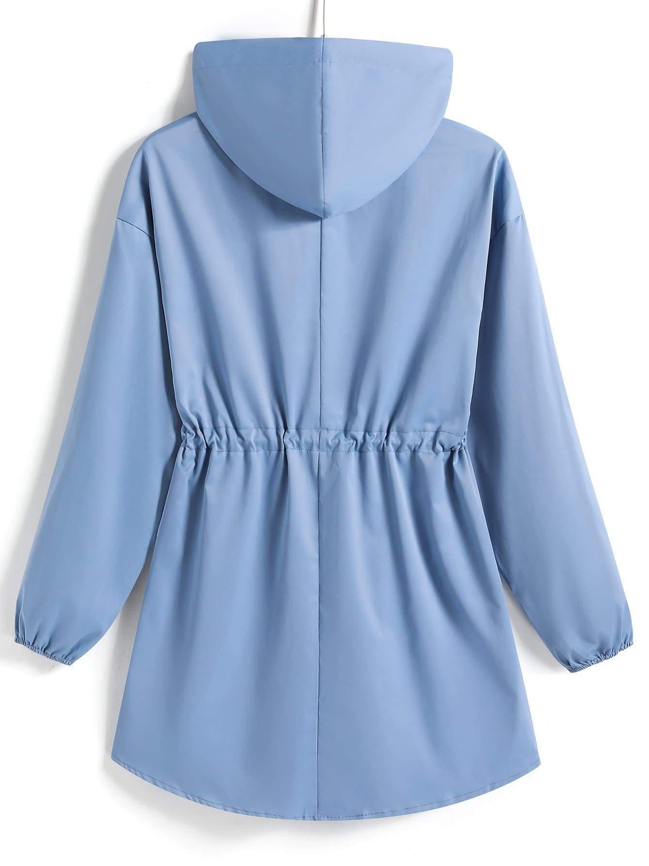 Drawstring Waist Button Up Hooded Coat