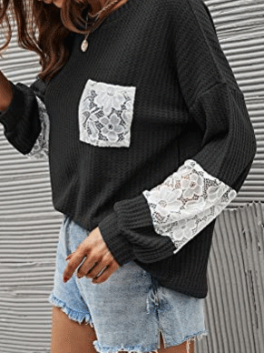 Women's T-Shirts Lace Stitching Pockets Round Neck Long Sleeves T-Shirt