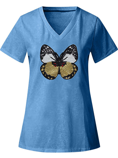 Casual Butterfly Sequin Sewing V Neck T-shirt