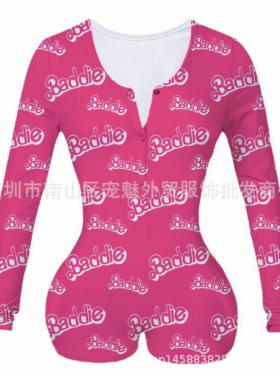 Women V-neck Print Button Jumpsuits