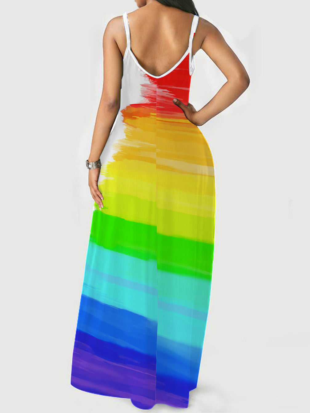 Multicolor Stripe/Gradient Print V-neck Sling Long Dress