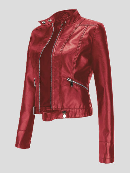 Short Stand-Up Collar Zipped Leather Jacket