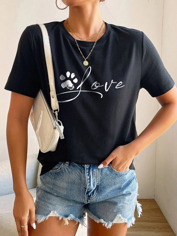Women's T-Shirts Mid Sleeve V Neck Animal Paw Print T-Shirt