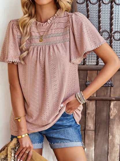 Casual Solid Color Hollow Round Neck T-Shirt