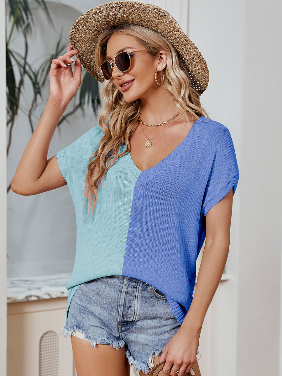 T-Shirts - V-Neck Color Contrast Loose Casual T-Shirt - MsDressly