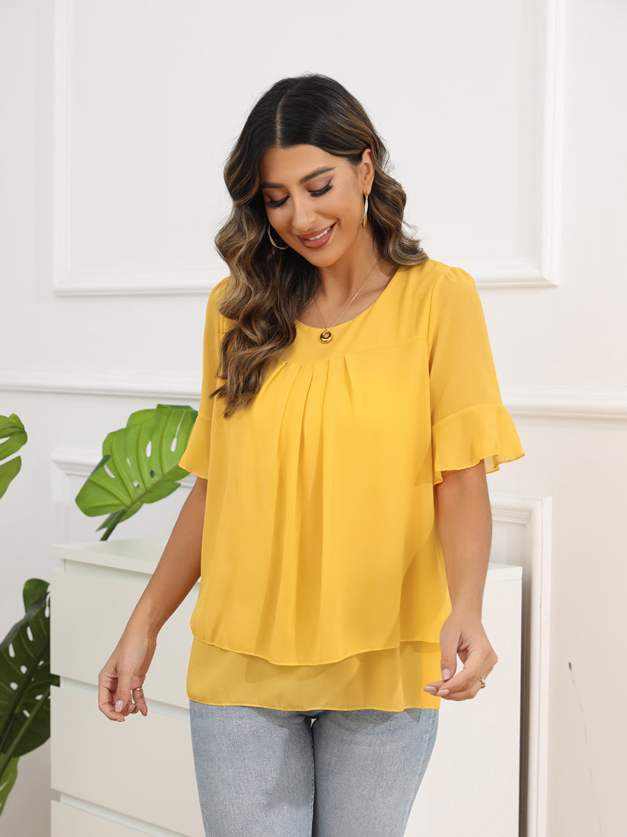 Blouses Women’s Blouses Solid Color Round Neck Short Sleeve Pleated Chiffon Blouse MsDressly
