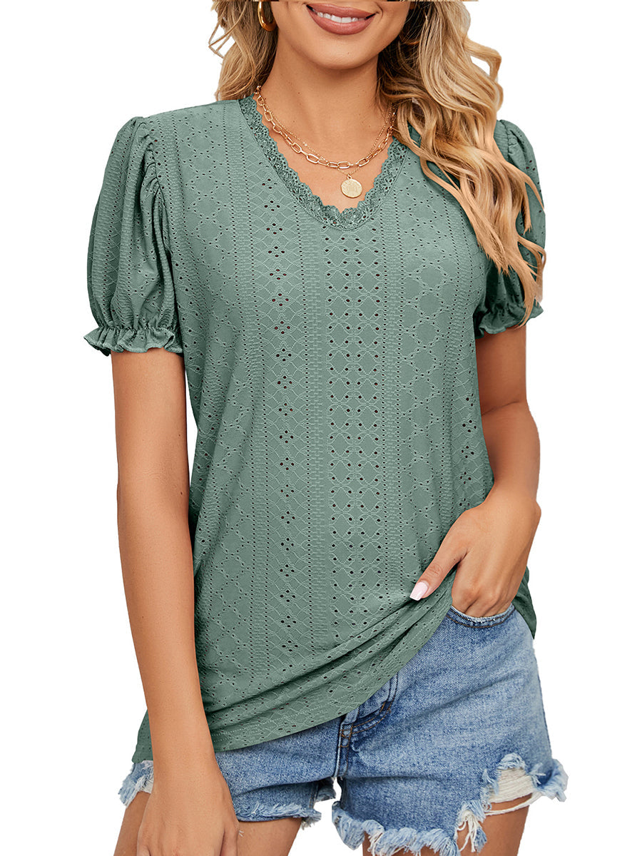T-Shirts - Solid Color Lace Stitching Hollow V-Neck T-Shirt - MsDressly